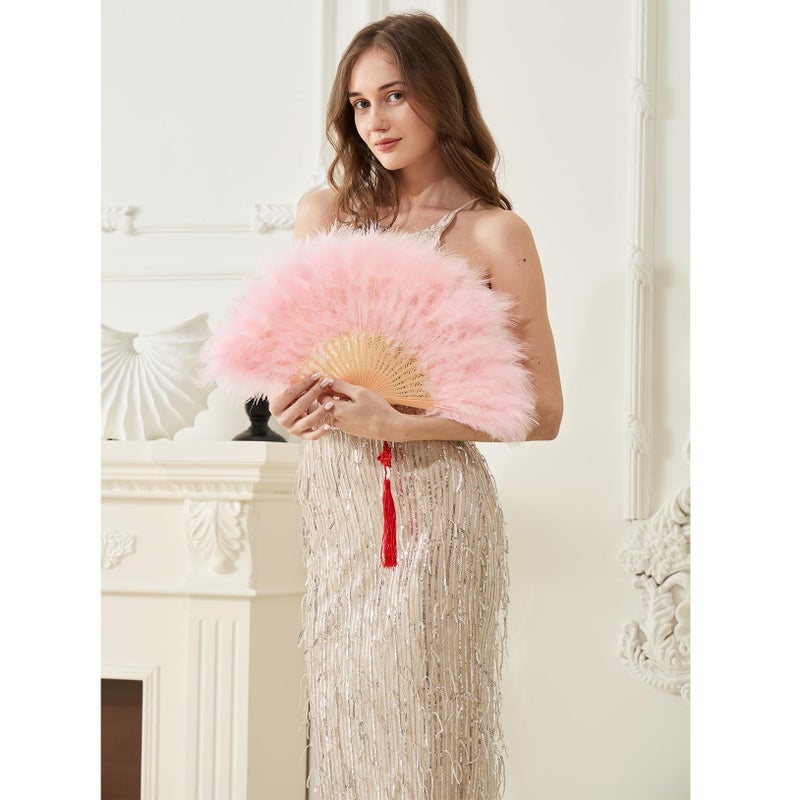 Happy Feather Handheld Marabou Feather Fan, 1920s Vintage Style Flapper Hand Fan for Costume Party and Dancing-Light Pink - Image 5
